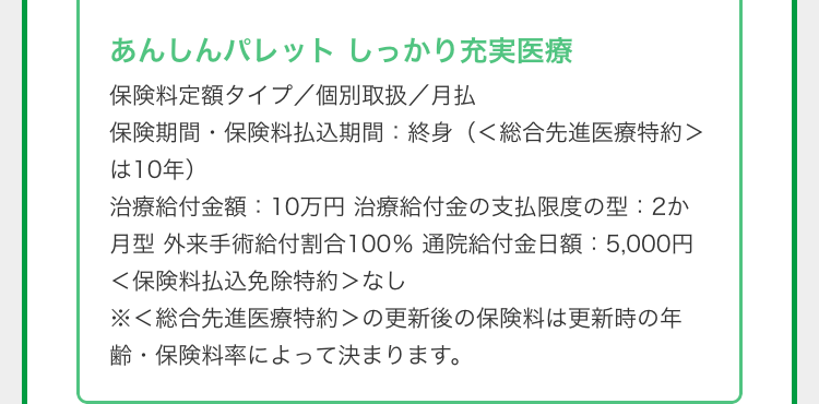 あんしんパレット しっかり充実医療
保険料定額タイプ／個別取扱／月払保険期間・保険料払込期間：終身（＜総合先進医療特約＞は10年）治療給付金額：10万円 治療給付金の支払限度の型：2か月型 外来手術給付割合100％ 通院給付金日額：5,000円＜保険料払込免除特約＞なし※＜総合先進医療特約＞の更新後の保険料は更新時の年齢・保険料率によって決まります。