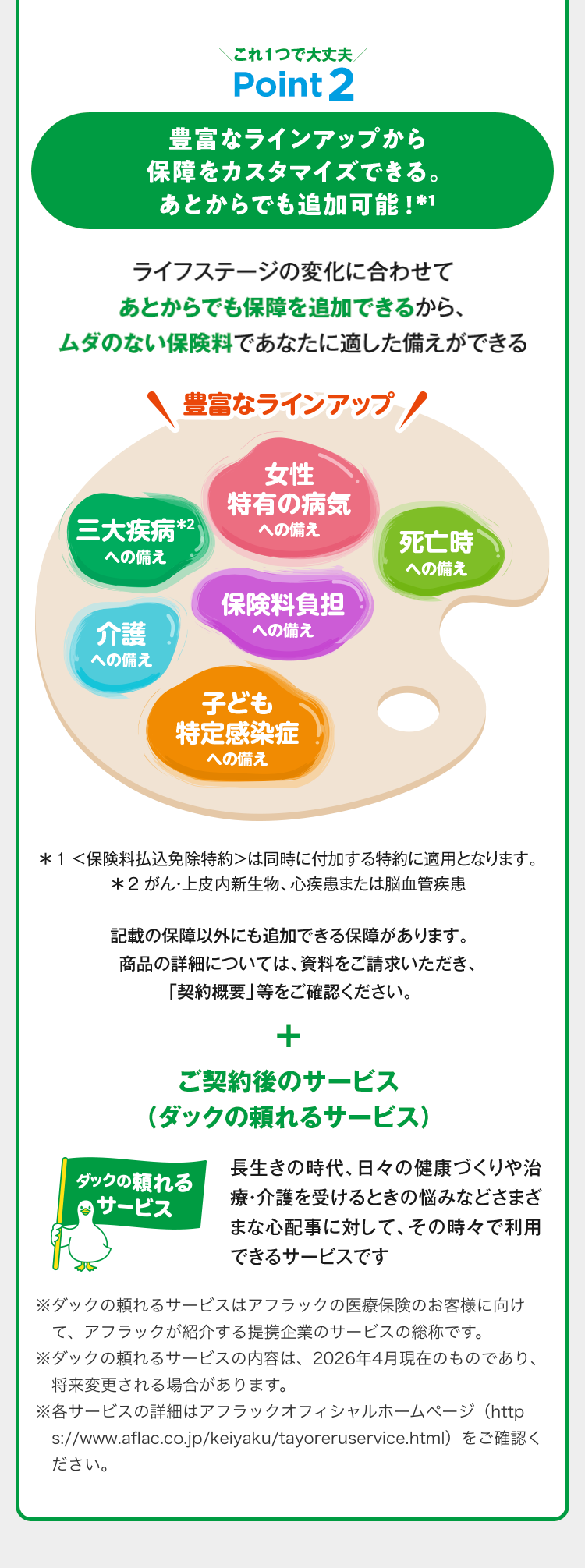 これ1つで大丈夫 Point2 豊富なラインアップから保障をカスタマイズできる。あとからでも追加可能！＊1
ライフステージの変化に合わせてあとからでも保障を追加できるから、ムダのない保険料であなたに適した備えができる
豊富なラインアップ 女性特有の病気への備え 三大疾病＊2への備え 死亡時への備え 保険料負担への備え 介護への備え 子ども特定感染症への備え ＊1 ＜保険料払込免除特約＞は同時に付加する特約に適用となります。＊2 がん・上皮内新生物、心疾患または脳血管疾患
記載の保障以外にも追加できる保障があります。商品の詳細については、資料をご請求いただき、「契約概要」等をご確認ください。
ご契約後のサービス（ダックの頼れるサービス） ダックの頼れるサービス 長生きの時代、日々の健康づくりや治療・介護を受けるときの悩みなどさまざまな心配事に対して、その時々で利用できるサービスです ※ダックの頼れるサービスはアフラックの医療保険のお客様に向けて、アフラックが紹介する提携企業のサービスの総称です。※ダックの頼れるサービスの内容は、2026年4月現在のものであり、将来変更される場合があります。※各サービスの詳細はアフラックオフィシャルホームページ（https://www.aflac.co.jp/keiyaku/tayoreruservice.html）をご確認ください。