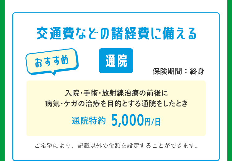 交通費などの諸経費に備える
おすすめ
通院
保険期間: 終身
入院・手術・放射線治療の前後に
病気・ケガの治療を目的とする通院をしたとき
通院特約 5,000円/日
ご希望により、記載以外の金額を設定することができます。