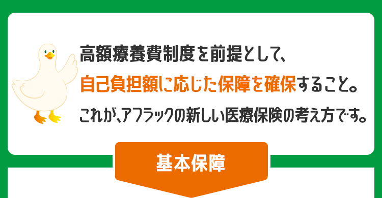 高額療養費制度を前提として、
自己負担額に応じた保障を確保すること。
これが、アフラックの新しい医療保険の考え方です。
基本保障
