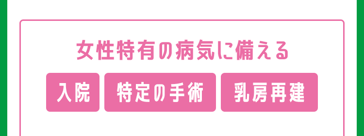 女性特有の病気に備える
入院 特定の手術 乳房再建