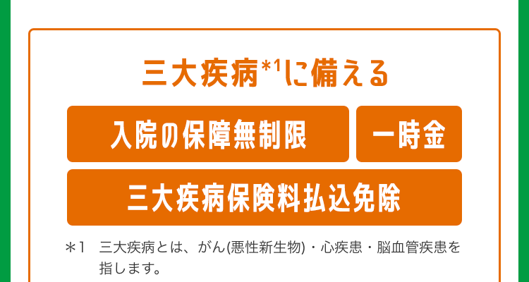 三大疾病*1に備える 入院の保障無制限 一時金 三大疾病保険料払込免除 *1 三大疾病とは、 がん(悪性新生物) 心疾患 脳血管疾患を 指します。